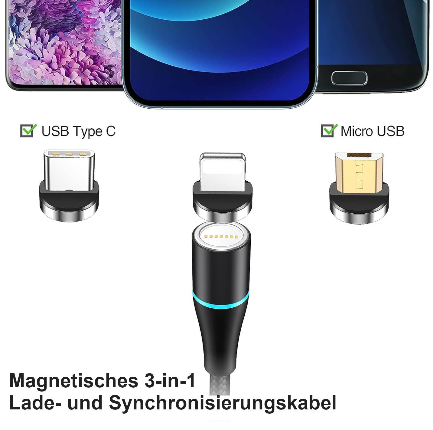 3in1 Magnet Schnellladekabel Samsung iPhone USb C Micro USB iPhone LED 1m 2m