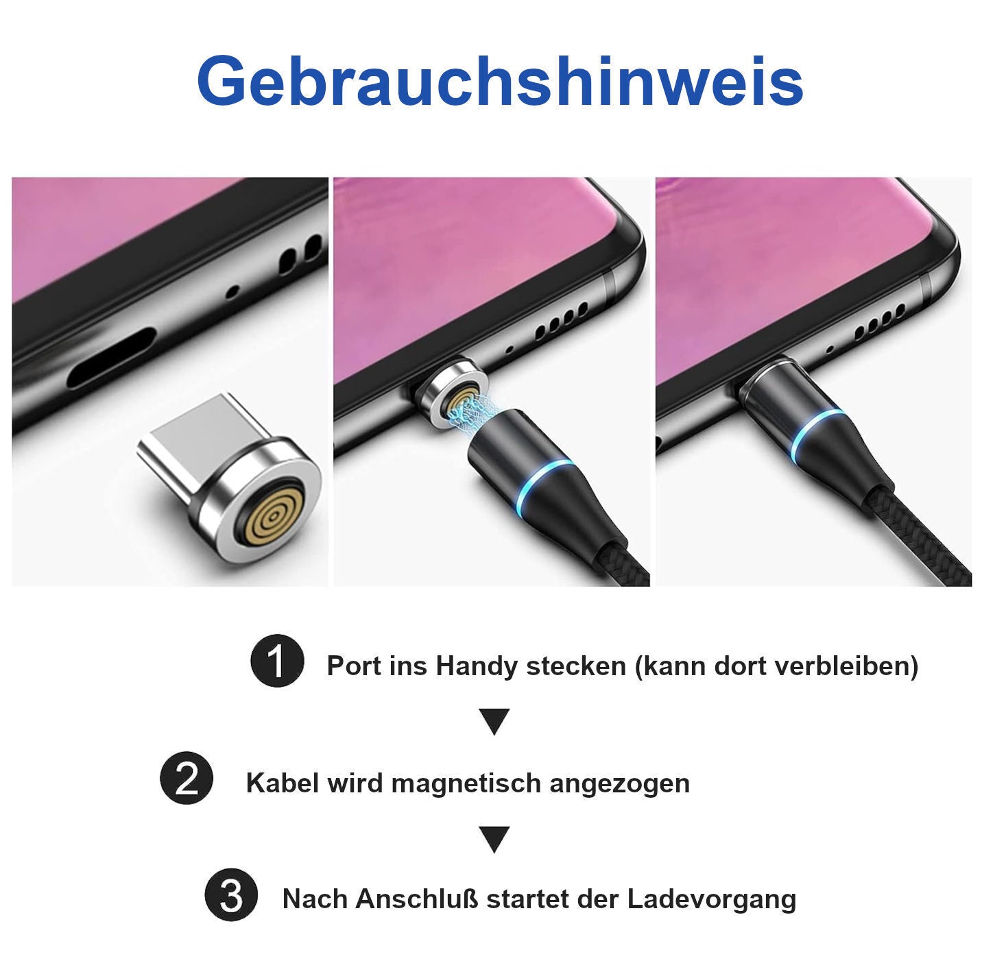 3in1 Magnet Schnellladekabel Samsung iPhone USb C Micro USB iPhone LED 1m 2m