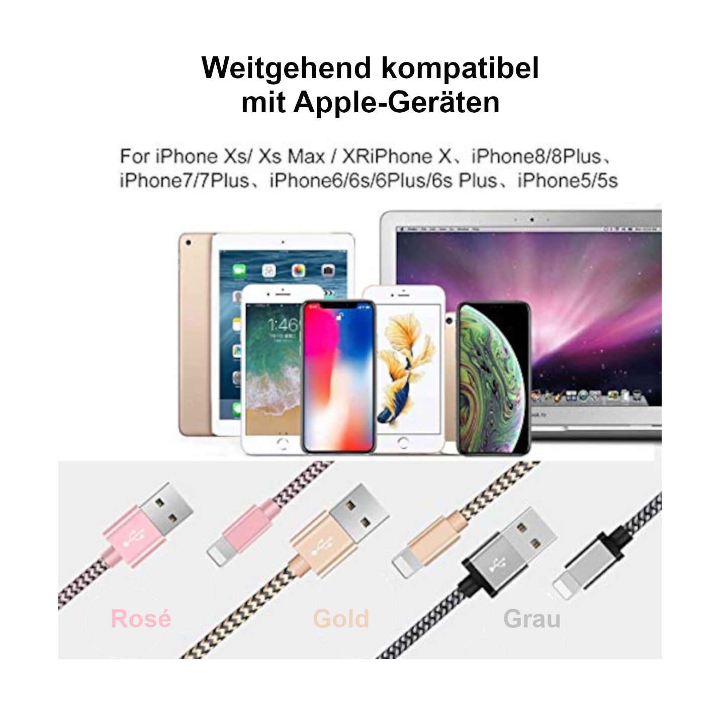 Schnellladekabel 2,4A iPhone 14 13 12 11 XR 8 SE 7 6 iPad 1,5m Datenkabel