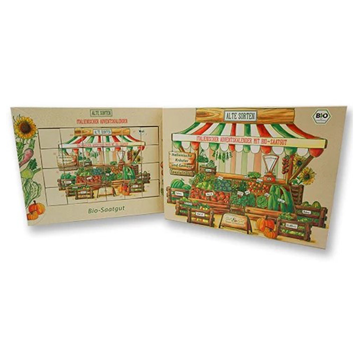 BIO Saatgut Würfel Adventskalender "Alte Sorten" Saatgut Tüte Italien Kind Lotta